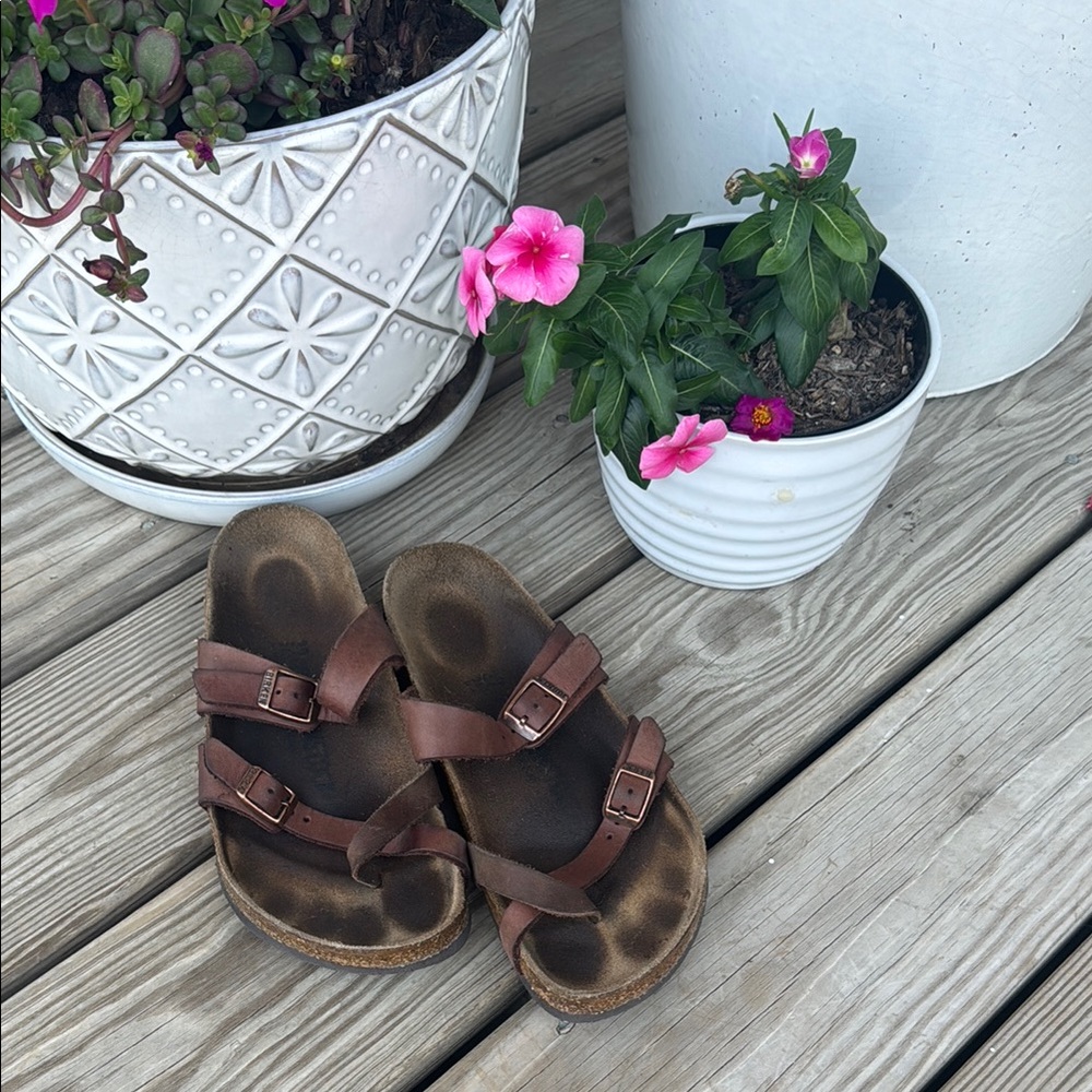 🤎🐿️ Birkenstock MAYARI toe loop two-tone BROWN Leather Sandals 37 COMFY
